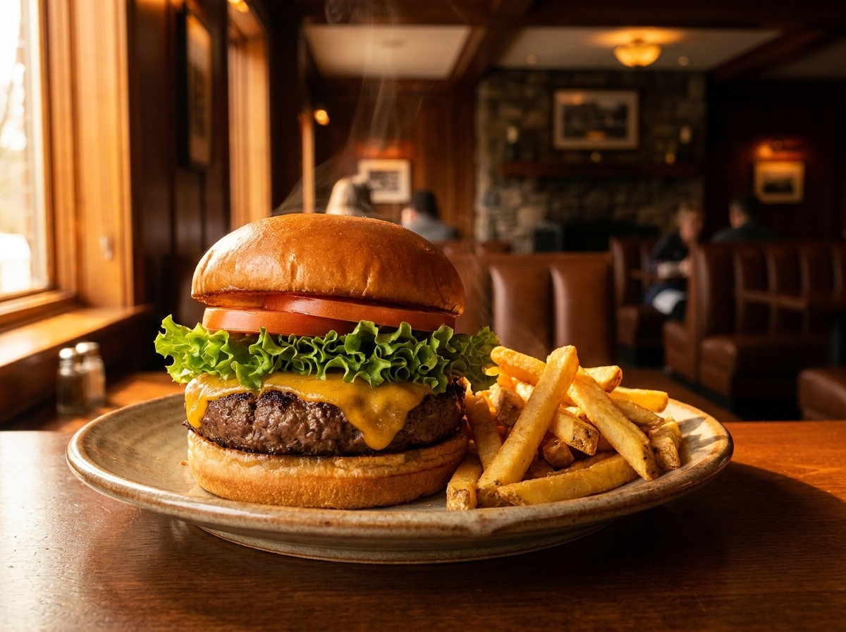 A close-up shot of a juicy cheeseburger with lettuce and tomato, served with a side of golden french fries on a plate. The burger is steaming, indicating it's f